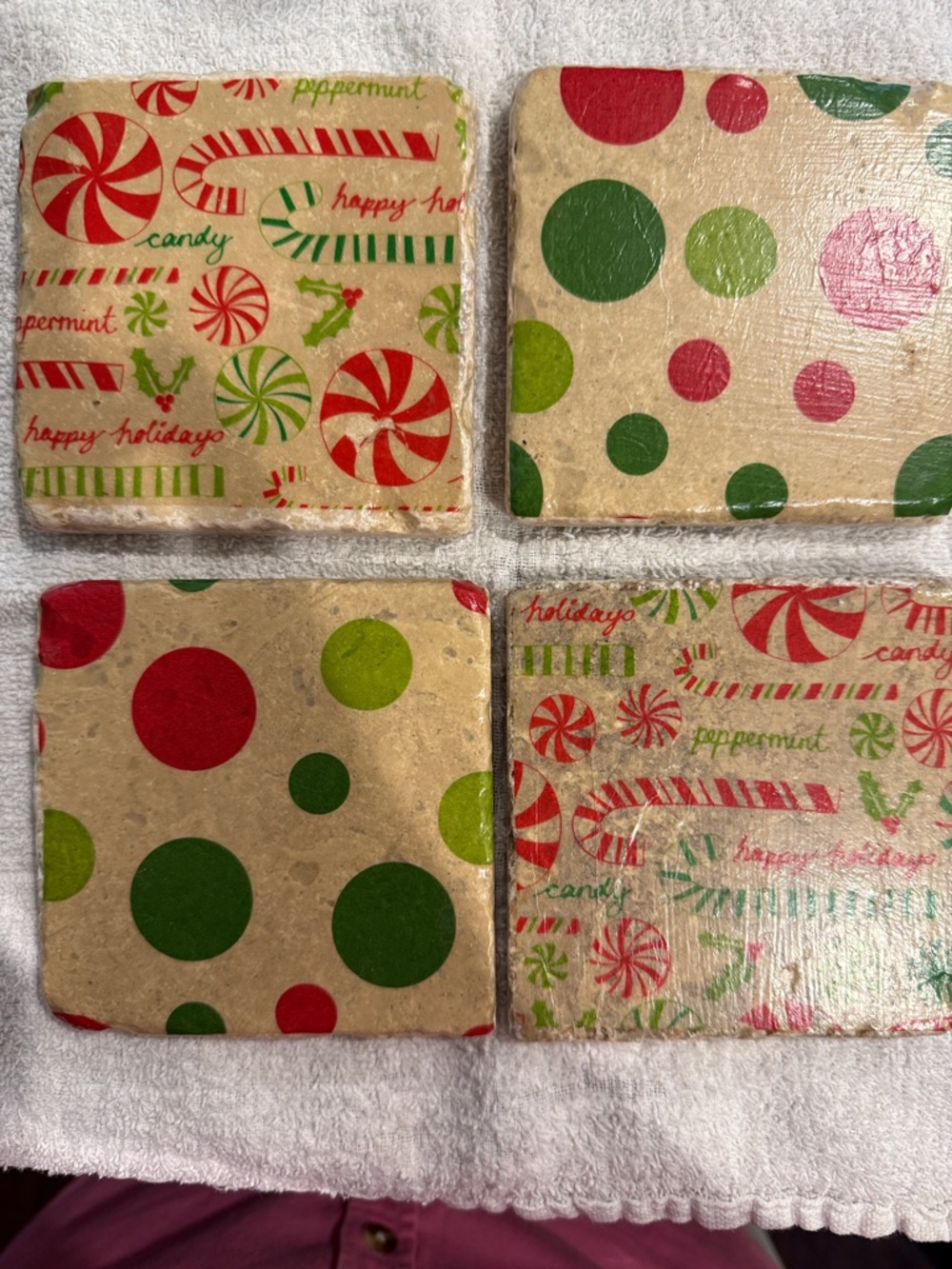 Holiday Peppermint Candy Coasters - Red & Green Polka Dot Set of 4